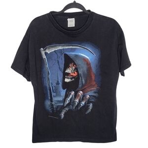 Vintage Y2K Grim Reaper Skull Scythe Goth Punk Graphic T-Shirt in Black Size L